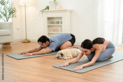 Couple Performs Yoga Exercises at Home With Pet Dog in a Bright Living Room During the Day
