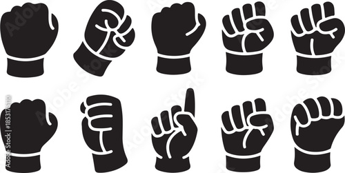 Silhouette Set of Hands Making Fists and Pointing Finger on White Background Keywords: hand, fist, pointing finger, silhouette, gesture, communication, symbol, action, human, body part, sign