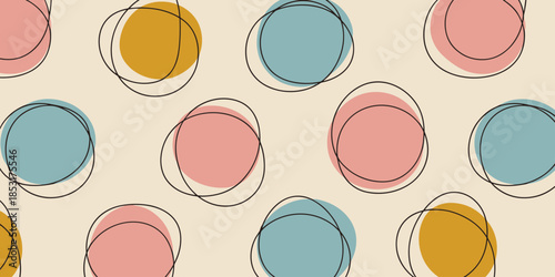 Retro Mid Century Modern Abstract Pattern with Pastel Circles and Black Outline vector illustration