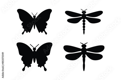 Black silhouettes of butterflies and dragonflies on white
