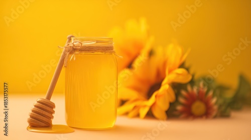 Jar of golden honey with dipper and sunflowers against a yellow backdrop