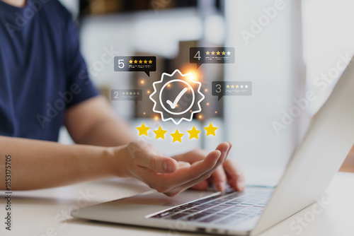 Man holding virtual quality assurance badge with five star icons and rating bubbles. Concept for best choice, premium service guarantee, certified excellence, and top-rated business evaluation.