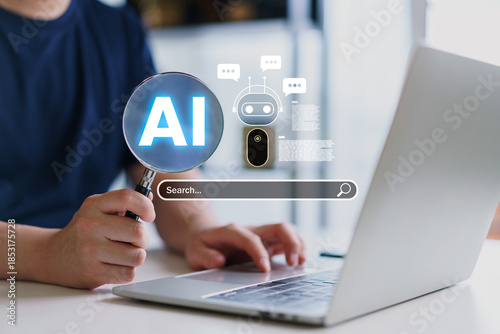 Man using magnifying glass to find answers with AI chatbot assistant and search bar on laptop. Concept for artificial intelligence, smart information retrieval, and future digital technology.