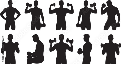 Silhouette set of men performing various dumbbell exercises and poses Keywords: dumbbell, fitness, exercise, strength training, workout, gym, silhouette, man, athlete, training, active, healthy