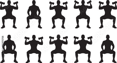 Silhouette set of men performing dumbbell squats in multiple poses Keywords: dumbbell, squat, fitness, exercise, strength training, workout, gym, silhouette, man, athlete, training, active, healthy