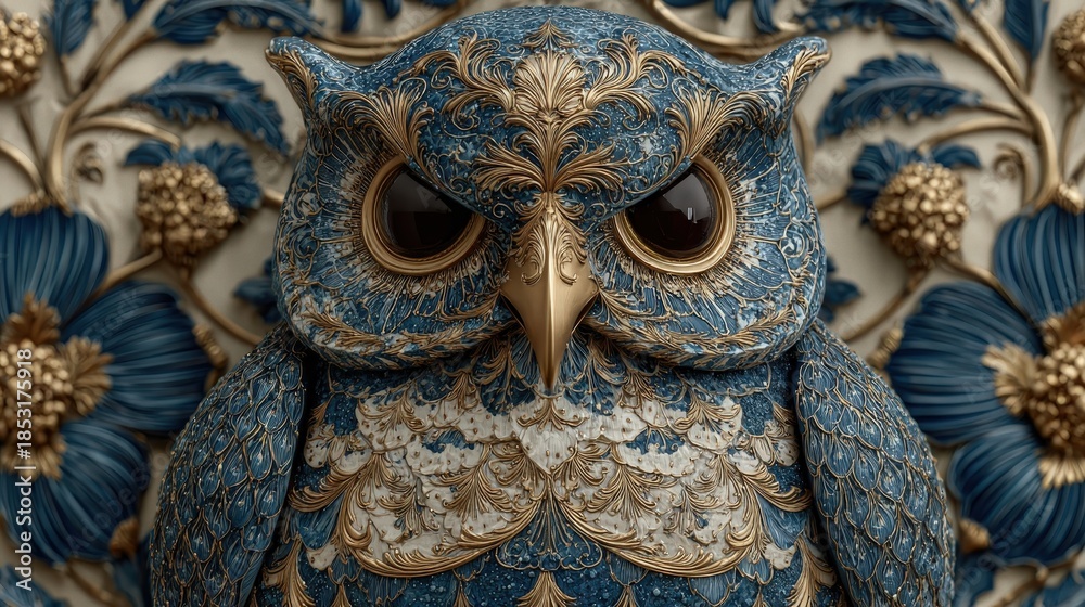 Fototapeta premium Blue and gold ornate owl sculpture perched within floral frame, crafted with high quality and realistic detail