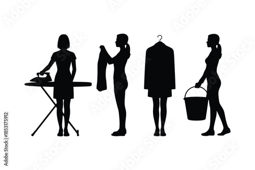 Set of female silhouettes performing various household chores