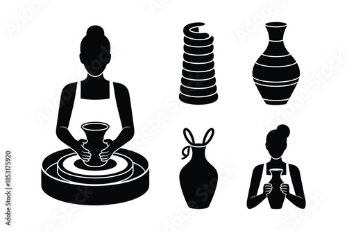 Pottery craft silhouettes with potter at wheel and ceramic vases