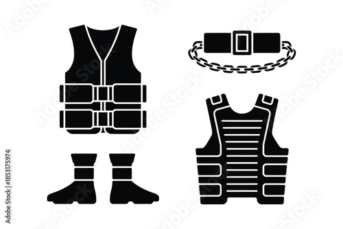 Safety and tactical gear silhouettes including life jacket and vest