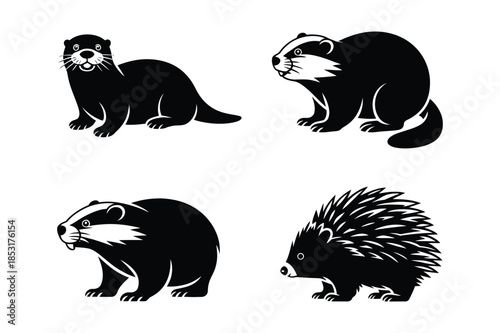 Woodland animal silhouettes including otter badger and porcupine