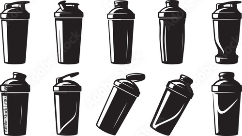 Silhouette Set of Shaker Bottles on White Background Keywords: shaker bottle, protein shaker, supplement bottle, fitness, workout, gym, health, nutrition, drink, beverage, container, plastic, lid