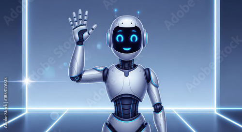 Friendly silver robot with glowing blue eyes waves in futuristic room with neon lights