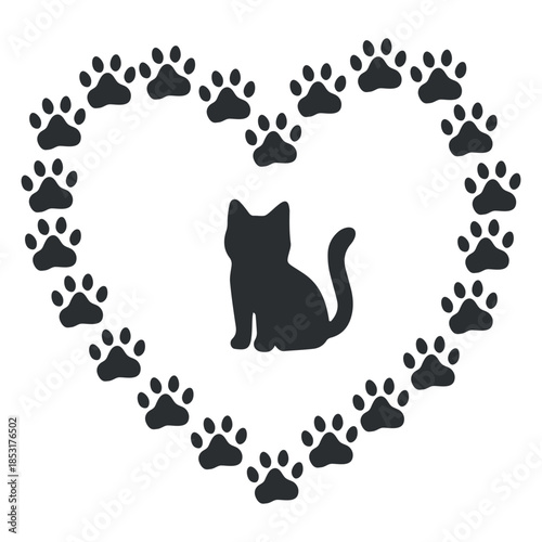 Vector illustration of a cat silhouette surrounded by a heart shape made of paw prints, creating a pet-themed design. Ideal for pet lovers, animal-themed projects, and decoration.