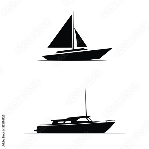 Boat and Yacht Silhouette Vector Set: Collection of Black Sailboat, Speedboat, and Ship Icons on White Background