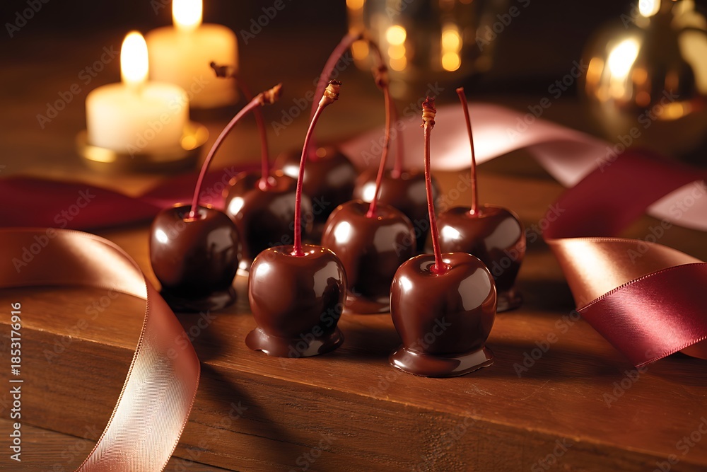 Naklejka premium Chocolate Cherry Delights: A close-up view presents a luxurious arrangement of dark chocolate-covered cherries on a wooden surface, accented by elegant ribbons and softly lit candles.