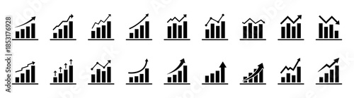 Growth icon set with arrows up and growing charts. Showing business performance, gain, improvement and development. Vector illustration isolated on transparent background.