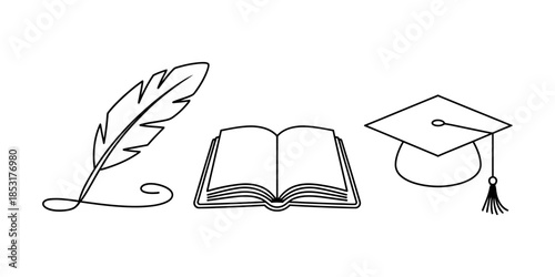 A quill, an open book, and a graduation cap on a white background Vector, illustration