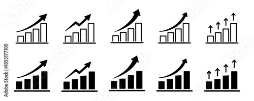 Growth icon set with arrows up and growing charts. Showing business performance, gain, improvement and development. Vector illustration isolated on transparent background.