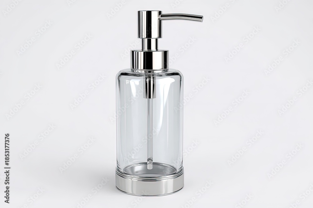 Obraz premium Elegant Soap Dispenser: A sleek, transparent glass soap dispenser with a polished silver pump, designed to add a touch of minimalist elegance to any bathroom.
