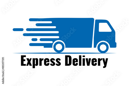 A professional blue vector icon featuring a speeding delivery truck with "Express Delivery" text, symbolizing rapid transport, efficient logistics, and reliable shipping services. PNG , JPG and EPS.