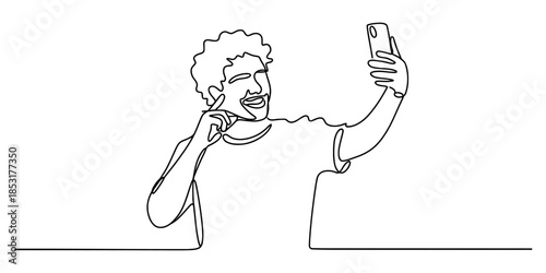 Man taking a selfie with his smartphone in a minimalist line art style Vector, illustration