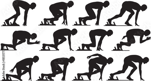 Silhouettes of Athletes in Starting Positions on a Track runner running