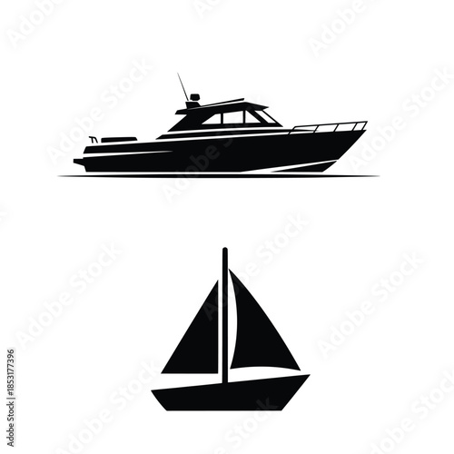 Boat and Yacht Silhouette Vector Set: Collection of Black Sailboat, Speedboat, and Ship Icons on White Background