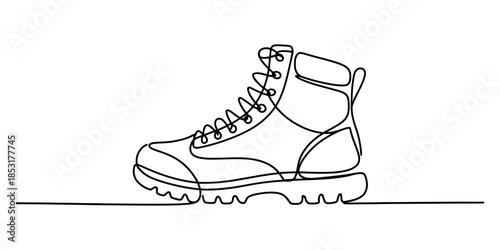 Continuous line drawing of a robust high-top hiking boot with laces on a white background Vector, illustration