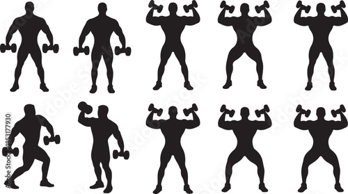 Silhouettes of men performing dumbbell exercises and posing with dumbbells weightlifting strength training