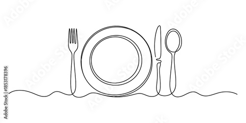 A minimalist continuous line drawing depicting a full dinner setting with a plate and cutlery Vector, illustration