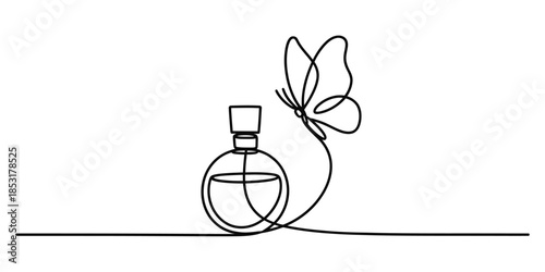 Minimalist continuous line drawing of an elegant perfume bottle with a butterfly flying above it Vector, illustration