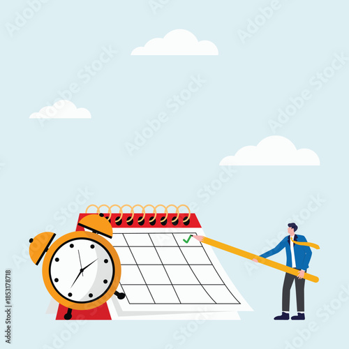Illustration a man is holding a pencil and drawing check list on a calendar