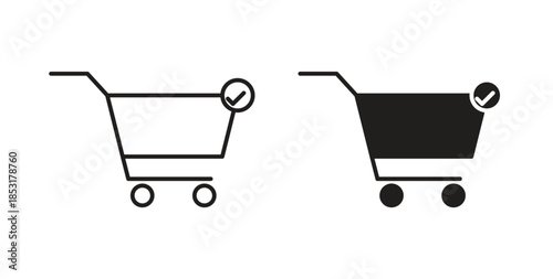Shopping cart check icons. thin line and glyph vector icons pack on white background