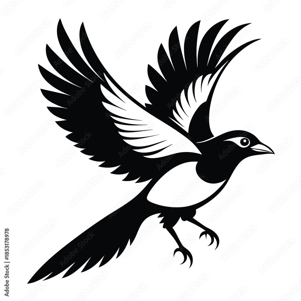Obraz premium flying magpie bird line art silhouette vector illustration