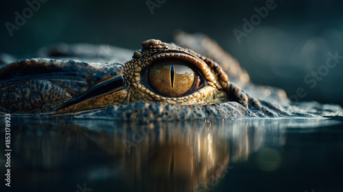 Close-up of a crocodile’s eye above the water surface, dramatic lighting, serene wetland background