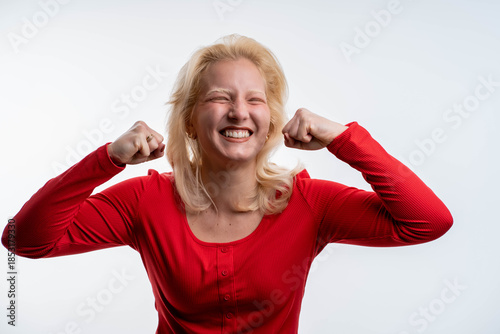 Portrait of her she nice-looking cool attractive lovely lovable winsome sweet crazy cheerful cheery girl having fun great breakthrough isolated on bright shine white background