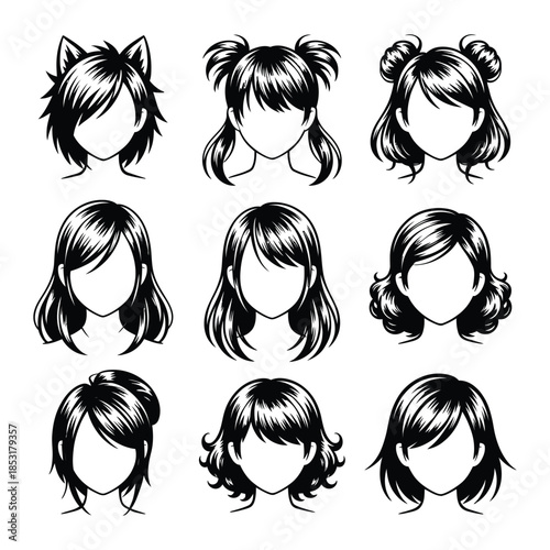 Collection of female anime hairstyles in vector illustration from wavy bob to pigtails and topknot various hair designs for manga