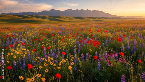 Vibrant Wildflower Meadow at Sunrise with Mountain Backdrop.