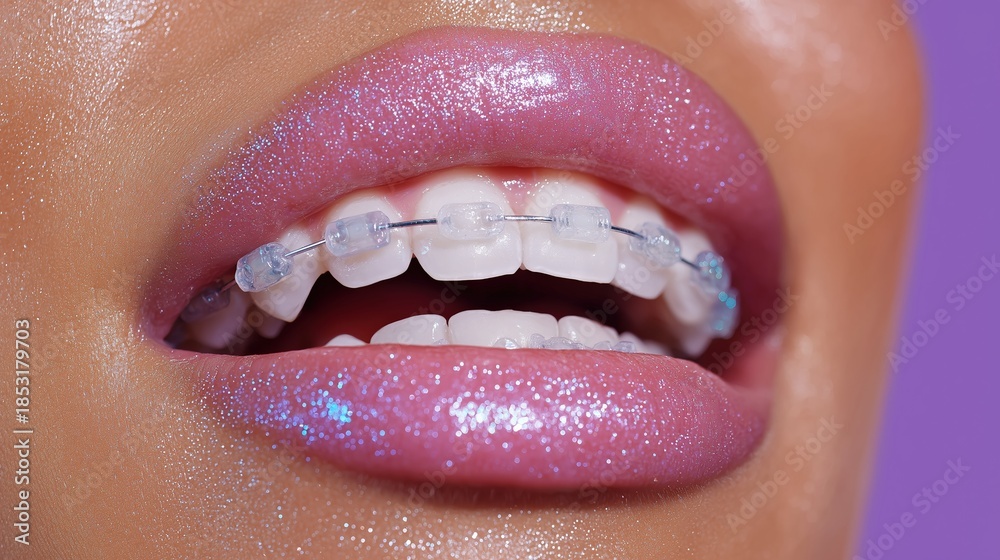 Fototapeta premium Close-up of glitter lip makeup and clear braces on female mouth