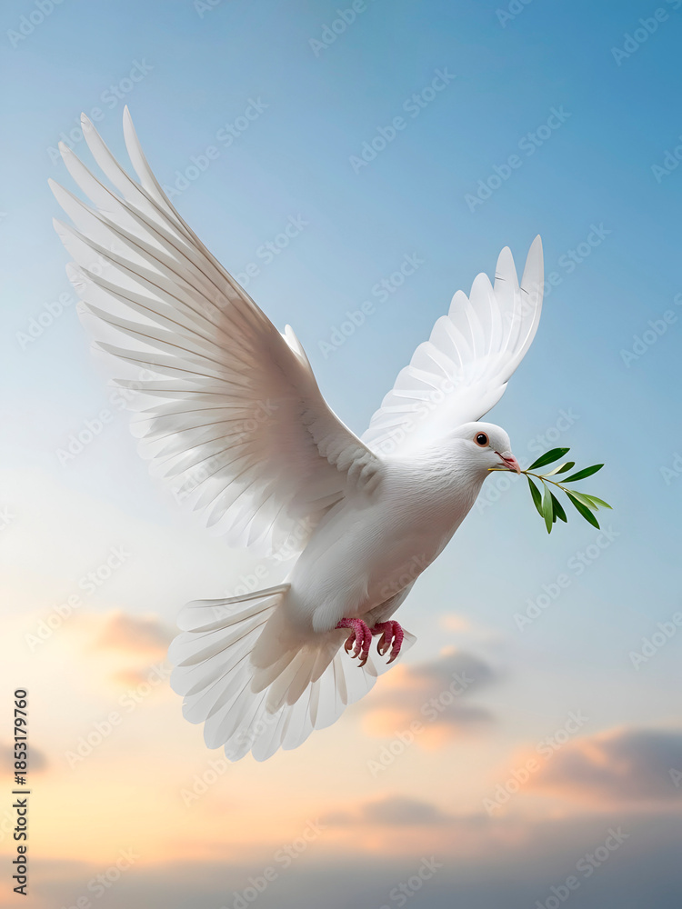 Obraz premium White Dove Of Peace Carrying Olive Branch Over Golden Horizon