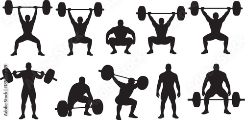 Silhouettes of weightlifters performing various exercises with barbells weightlifting squat