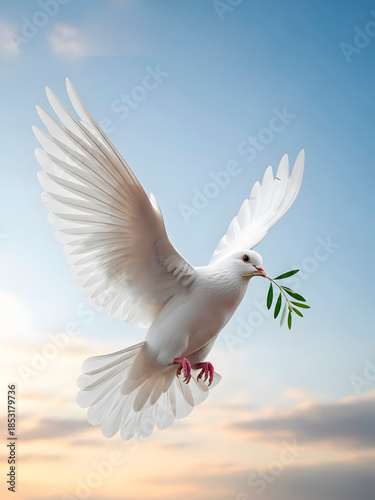 White Dove Of Peace Carrying Olive Branch Over Golden Horizon