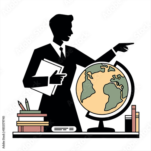Teacher explaining geography with a globe in the classroom, Vector