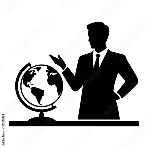 Businessman explaining a global concept with a globe Vector