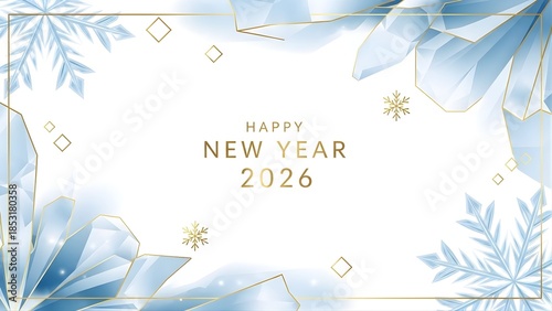 Festive Happy New Year 2026 Background with Abstract Blue Ice and Gold Elements
