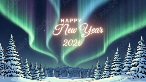 Happy New Year 2026 with Northern Lights and Winter Forest Landscape