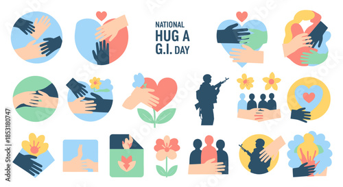 National Hug a G.I. Day icons with hearts and soldiers.