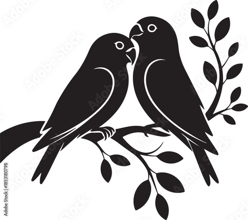 Two Black Lovebirds Perched on a Branch with Leaves couple romance