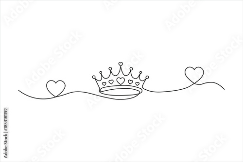 Crown with hearts, continuous one-line drawing
