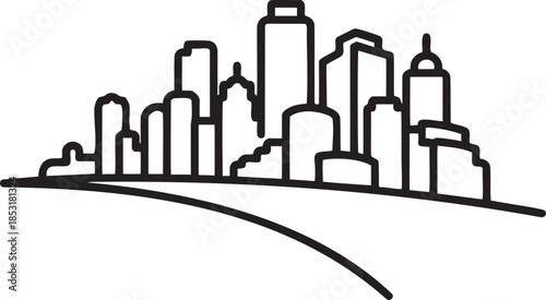 Black and white line art vector of a city skyline with curved foreground urban architecture
